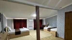 A spacious hotel room with a large bed, a desk, and a chair. There is a window with curtains, a radiator, and a door.
