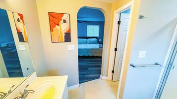 Jetted tub, hair dryer, towels, soap