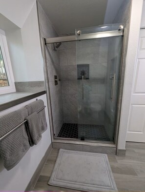 Shower, hair dryer, bidet, towels