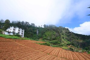 A white building with multiple floors, surrounded by terraced fields and dense forest.