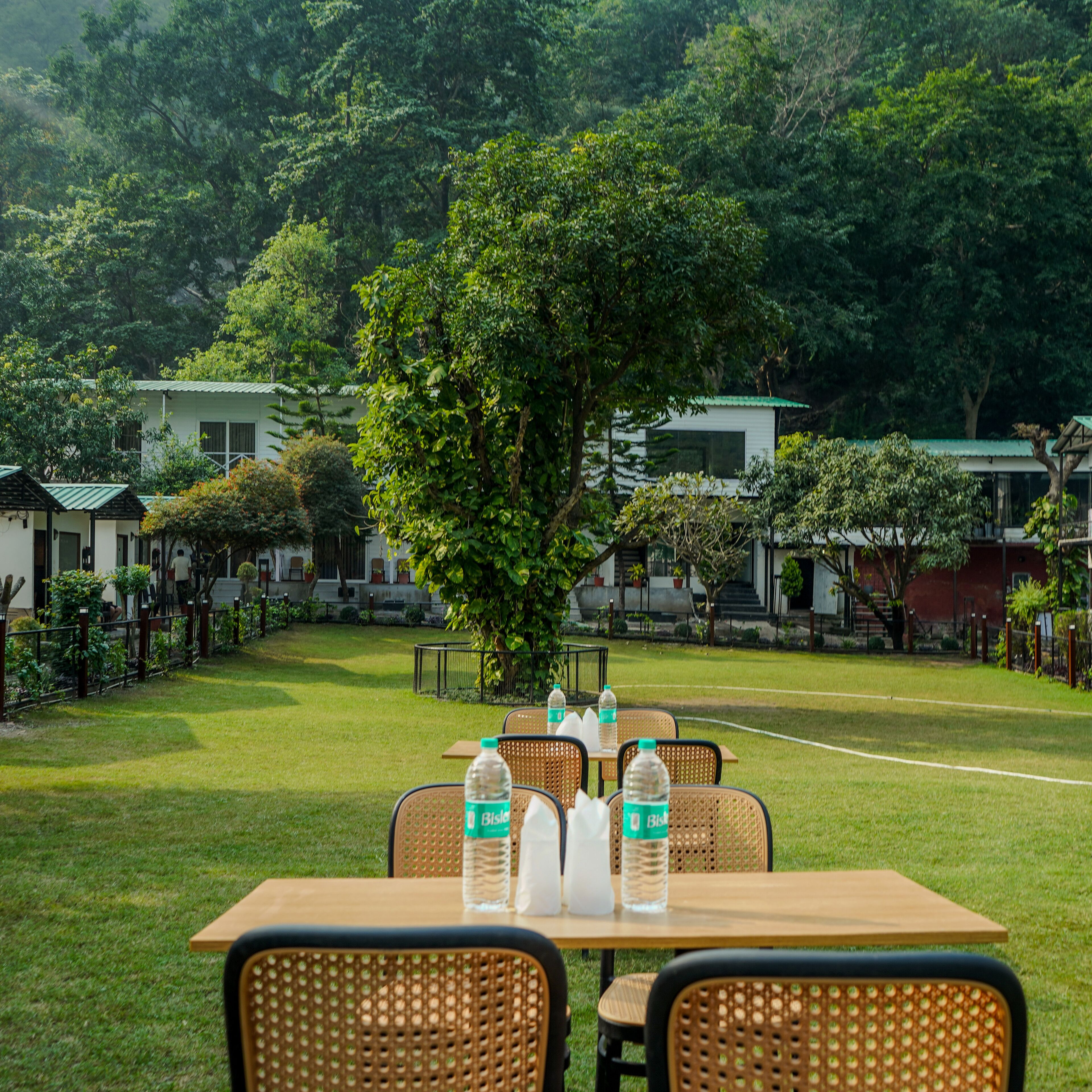 A dining area with tables and chairs, surrounded by lush greenery and trees.