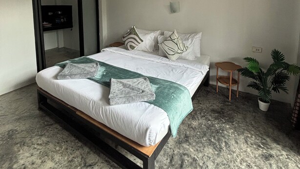 Een moderne slaapkamer met een groot bed, een klein tafeltje, een potplant en een plafondventilator.