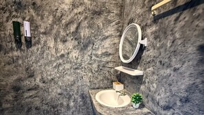 Casa de banho com lavatório de pedra, espelho e uma pequena planta em vaso.