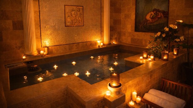 A spa area with a large bathtub, candles, and a mosaic wall. - SECRET HOUSE- La Villa Rom'Antiqua - Ancient immersive experience (Néfiach)
