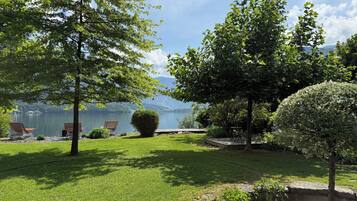 A serene outdoor area with a lake, trees, and a bench.