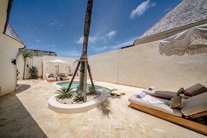 Zona de piscina con sillas de descanso y una palmera.