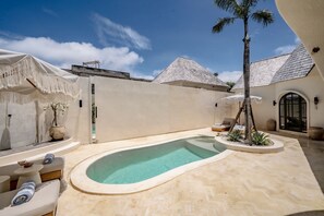 Un espace piscine doté d’une piscine aux formes arrondies, de chaises longues et d’un palmier.