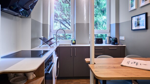 Een moderne keuken met een ingebouwde kookplaat, een spoelbak en een raam met uitzicht op bomen.