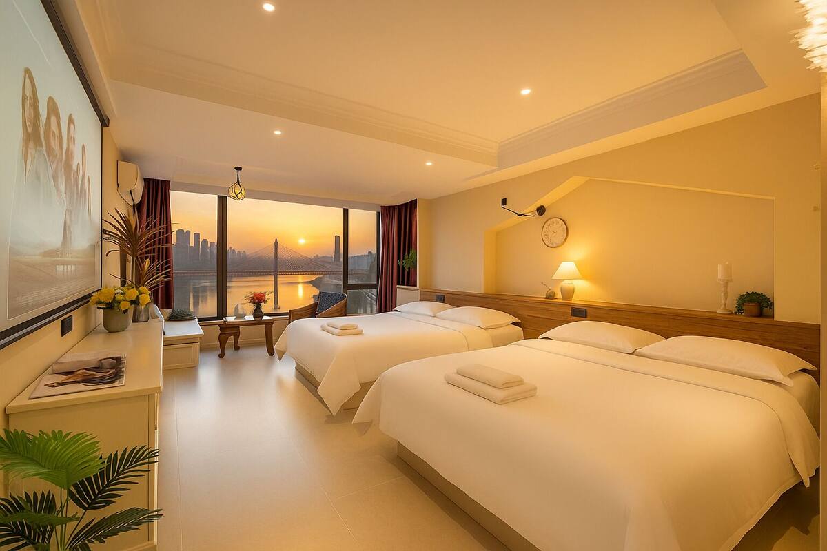 Ein Hotelzimmer mit zwei Betten, einem Schreibtisch, einem Stuhl und Blick auf eine Stadtbrücke. An der Wand hängt eine Uhr.