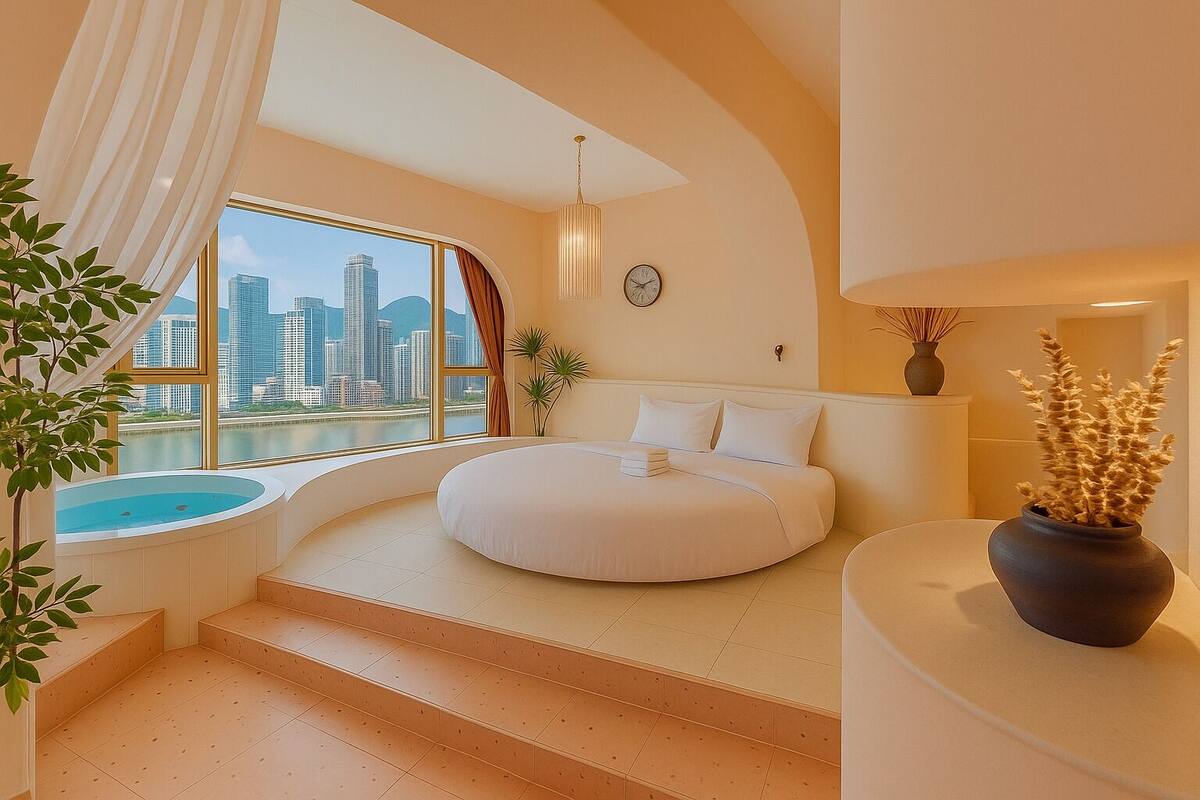 Ein Schlafzimmer mit Blick auf eine Stadtlandschaft, einer eingebauten Badewanne und einem runden Bett.