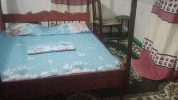 Una cama individual con dosel, una silla y una mesita de noche en una habitación con paredes estampadas y alfombra verde.