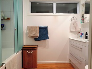 Eco-friendly toiletries, hair dryer, towels, soap