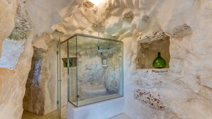 Une douche en verre, installée dans un espace qui ressemble à une grotte, avec un mur en pierre et une bouteille verte posée sur une étagère.
