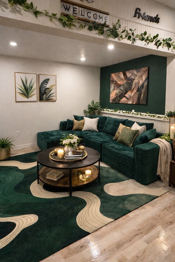 Un salón acogedor con un sofá verde, una mesa de centro redonda y un letrero que dice 'WELCOME'.