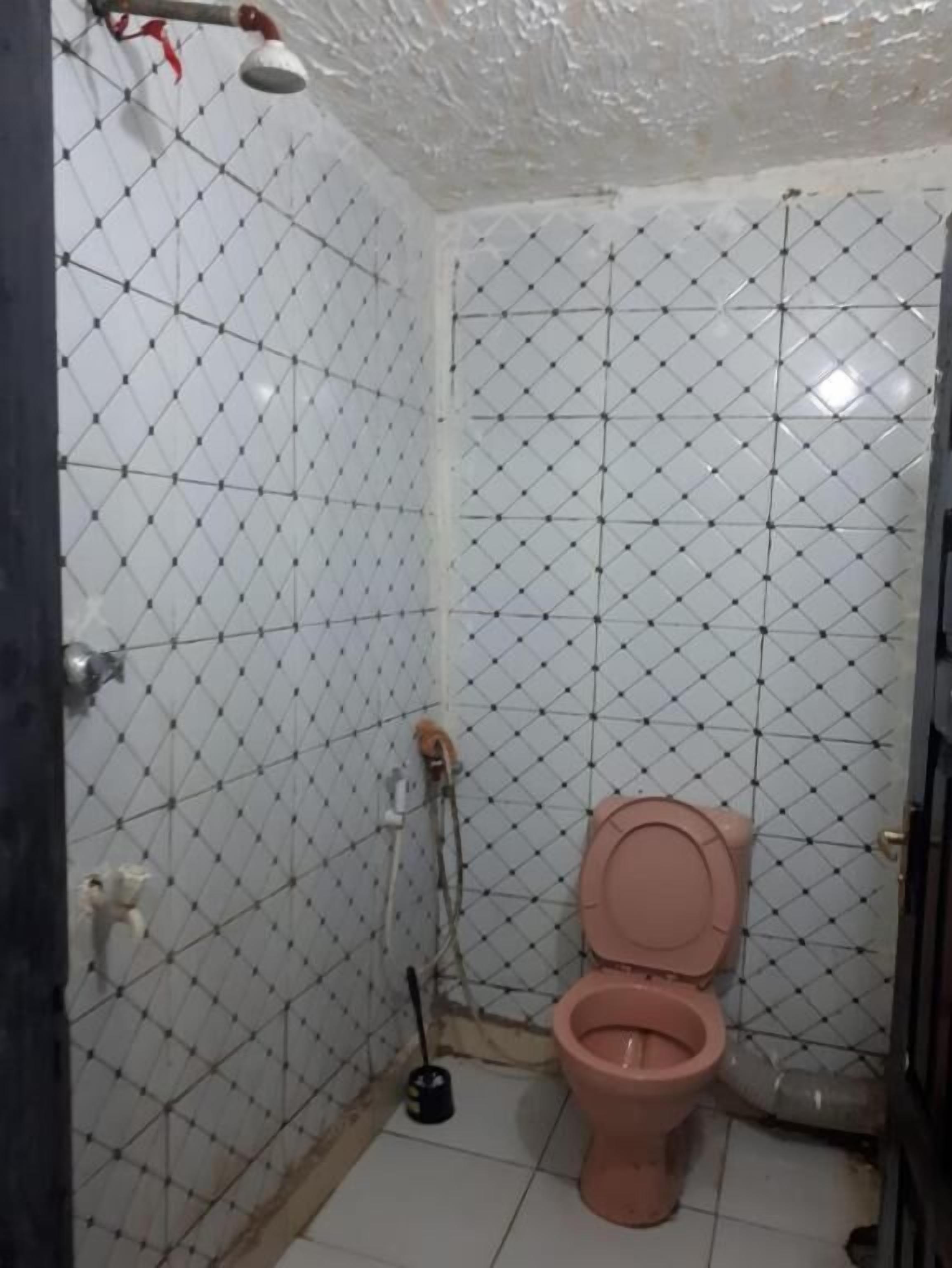 Une petite salle de bain avec des toilettes roses, des murs recouverts de carreaux blancs et un espace douche.