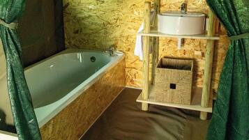 Combined shower/bathtub, hair dryer, soap, toilet paper