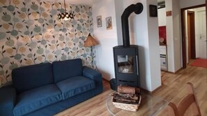 Un salon avec un canapé bleu, un plancher en bois, un poêle à bois noir et un mur orné d’un motif floral.