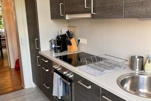 A modern kitchen with dark cabinets, a stainless steel sink, and a built-in oven. - Seeliebe | city location | seeglueck (Konstanz)