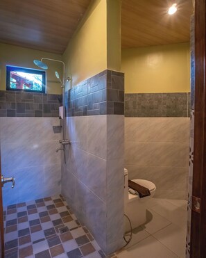 A bathroom with a shower, toilet, and a television mounted on the wall. - Abatan Riverview Resort (Maribojoc)