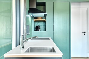 A modern kitchen with a stainless steel sink, a black range hood, and a small wooden shelf. - Hofgarten | a haven in the Old Town | Seeglueck (Radolfzell am Bodensee)