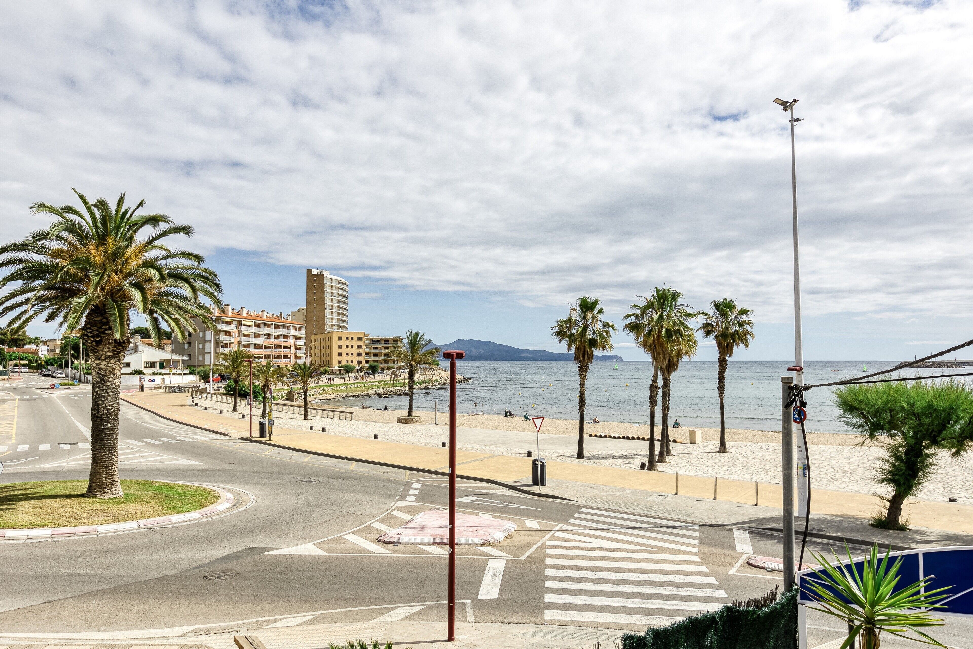 A coastal road with palm trees, a pedestrian crossing, and a beach in the background.