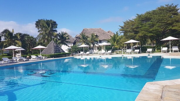 Una piscina azul clara con sillones de descanso y sombrillas, rodeada de palmeras y un edificio con techo de paja.