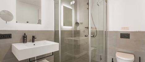 A modern bathroom with a glass-enclosed shower, a white sink, and a toilet.