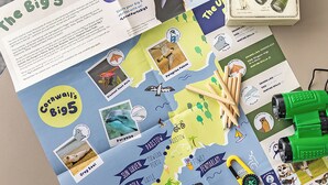 A nature trail game board with wildlife illustrations, a binoculars box, and a map of Cornwall's Big 5.