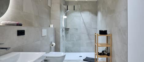 Shower, hair dryer, towels, toilet paper