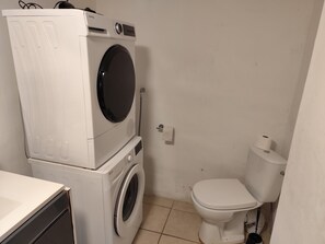 Hair dryer, towels, toilet paper