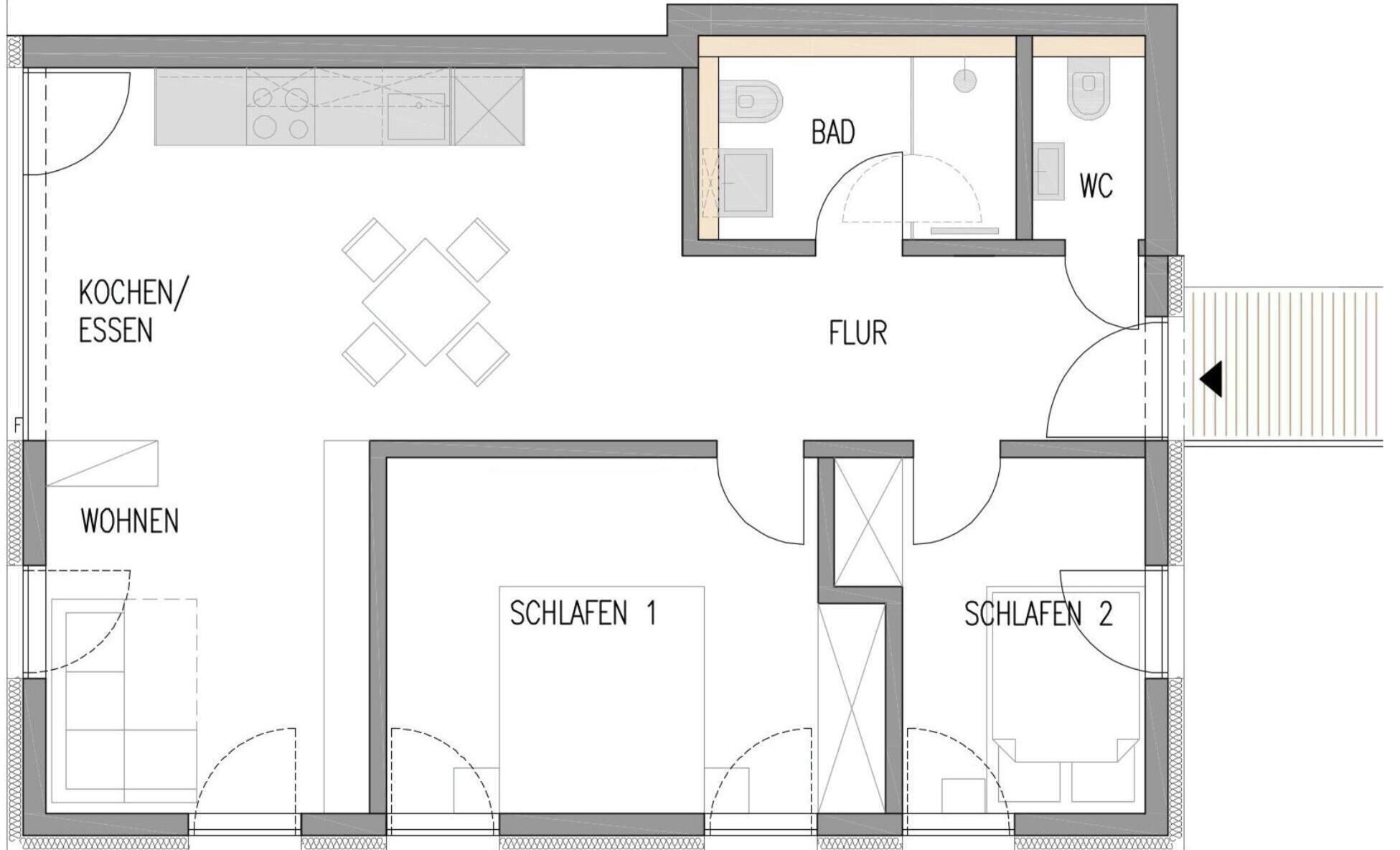 Plano de planta que muestra una cocina, dos dormitorios, un baño y una sala de estar.