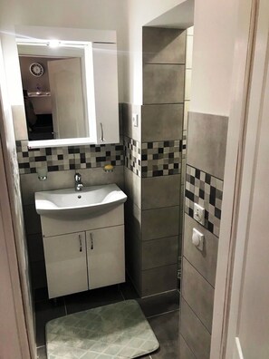 Douche, séchoir à cheveux, serviettes fournies, savon