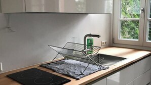 Una cucina moderna con piano cottura a induzione nero, lavello e finestra vista verde.