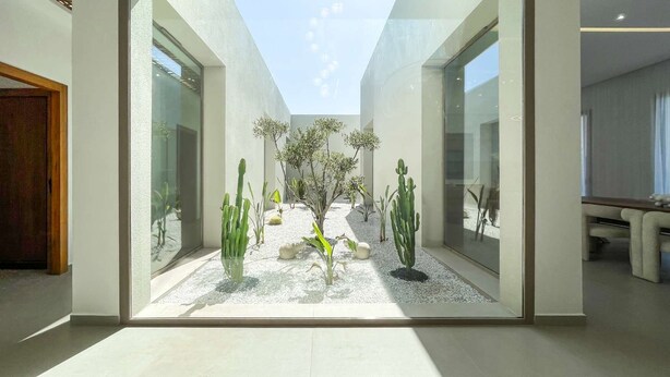 Un intérieur moderne avec une cloison en verre, un jardin de cactus et un coin repas.