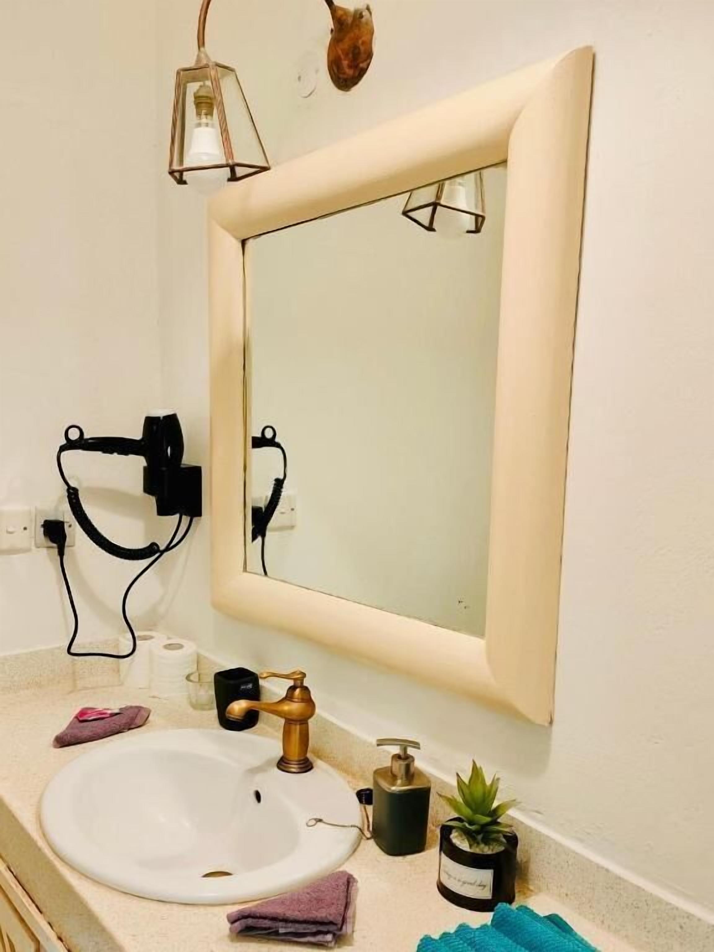 Une salle de bain avec un lavabo blanc, un miroir, un porte-serviettes, une petite plante et un luminaire.