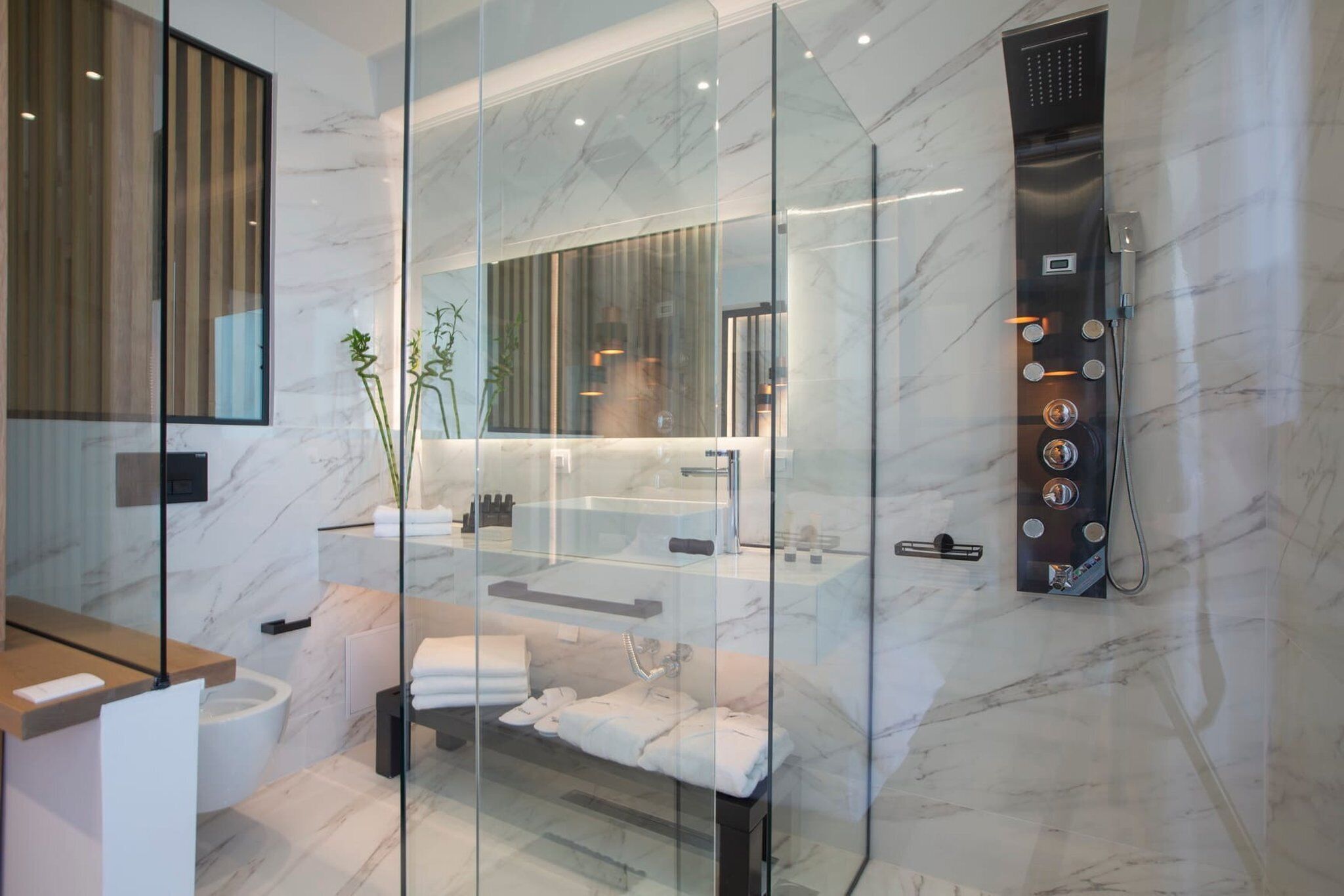 Shower, towels, soap, shampoo