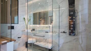 Shower, towels, soap, shampoo