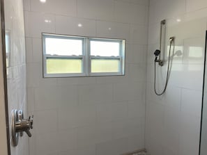 Shower, towels, soap, shampoo