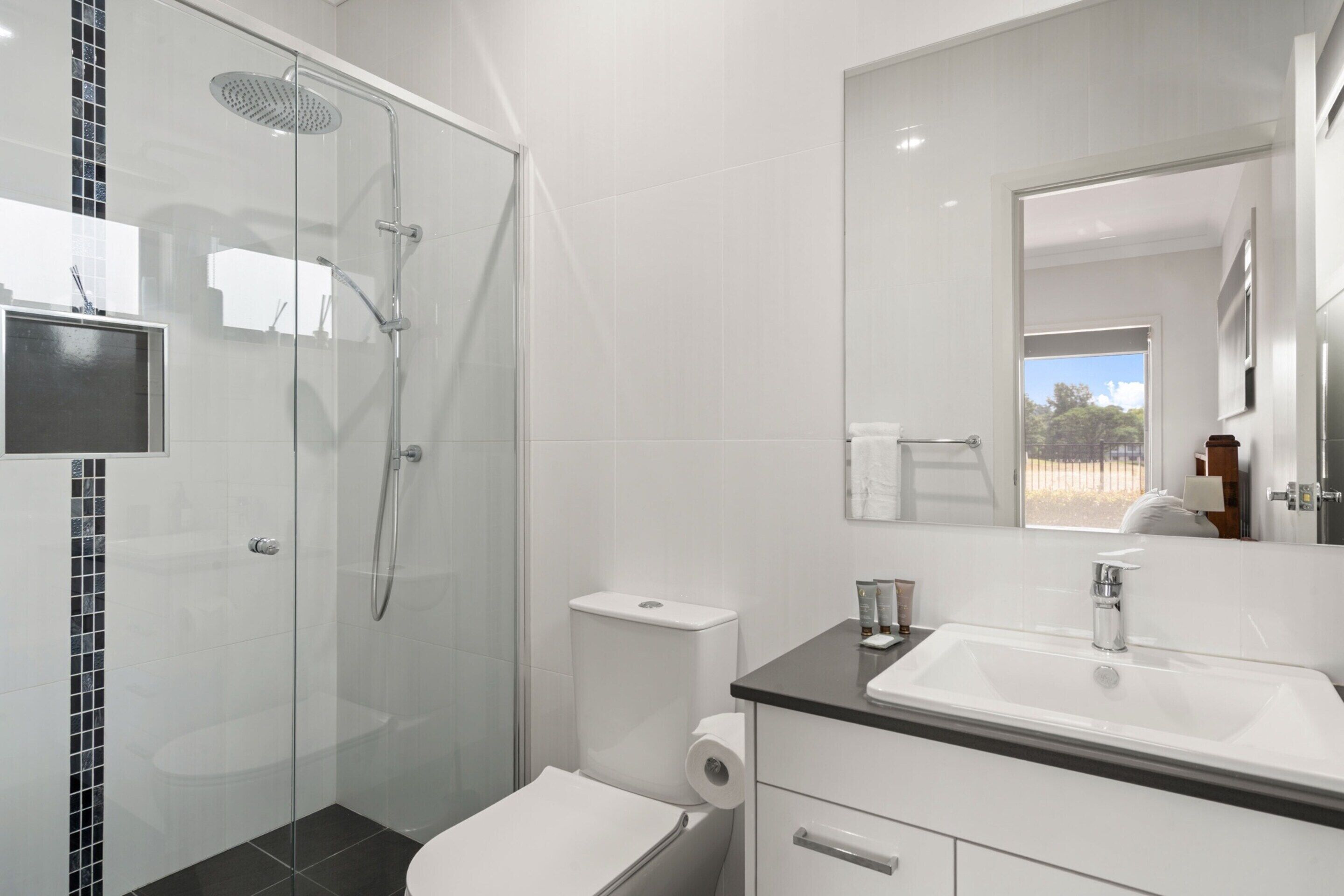 A modern bathroom with a glass-enclosed shower, a toilet, a sink, and a mirror.