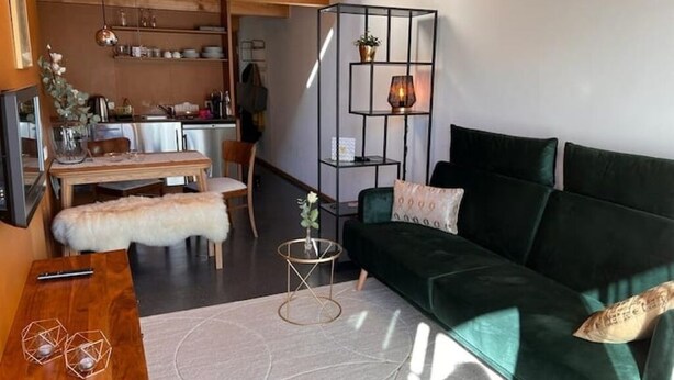 Een gezellige woonkamer met een groene bank, een houten salontafel en een klein bijzettafeltje. Op de achtergrond een eethoek met een tafel en stoelen.