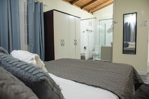 Une chambre Ă coucher comprenant un lit, une armoire et une salle de bain avec douche et toilettes.