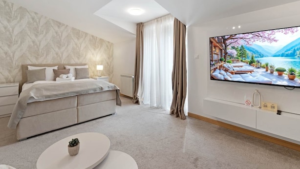 Une chambre moderne équipée d’un lit, d’une télévision, d’un radiateur et d’une fenêtre avec des rideaux.
