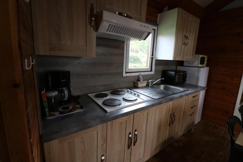 Una cucina compatta con mobili in legno, piano cottura integrato, forno a microonde e una finestra sopra il lavello.