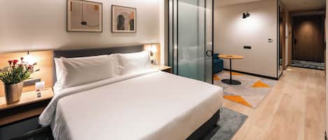 A modern hotel room with a large bed, bedside tables, a nightstand with a lamp, a potted plant, and artwork on the walls.