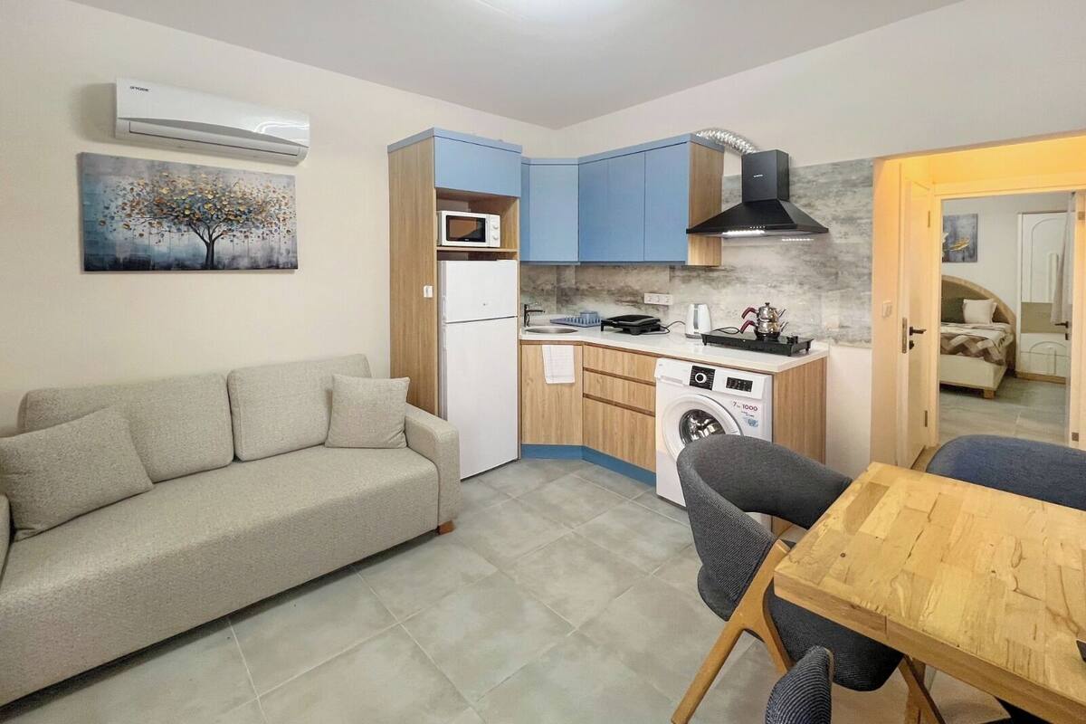A compact living space with a kitchenette, a sofa, a dining table, and a washing machine.
