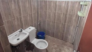Casa de banho pequena com sanita, lavatório e chuveiro.