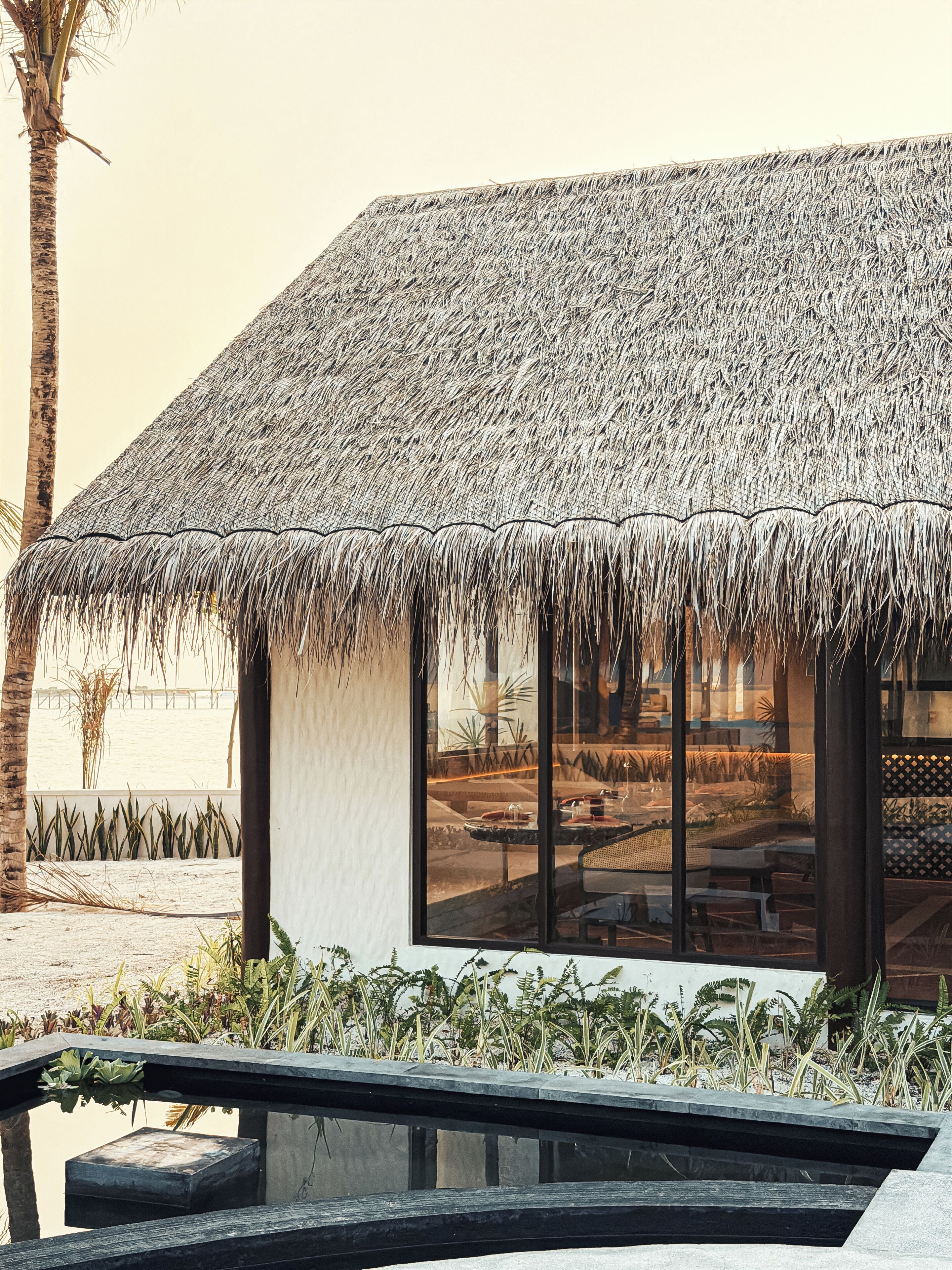 A modern building with a thatched roof, large windows, and a pool area.