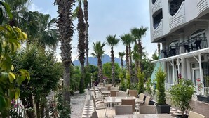 Une cour avec des espaces de détente en plein air, des palmiers et un bâtiment doté de balcons.