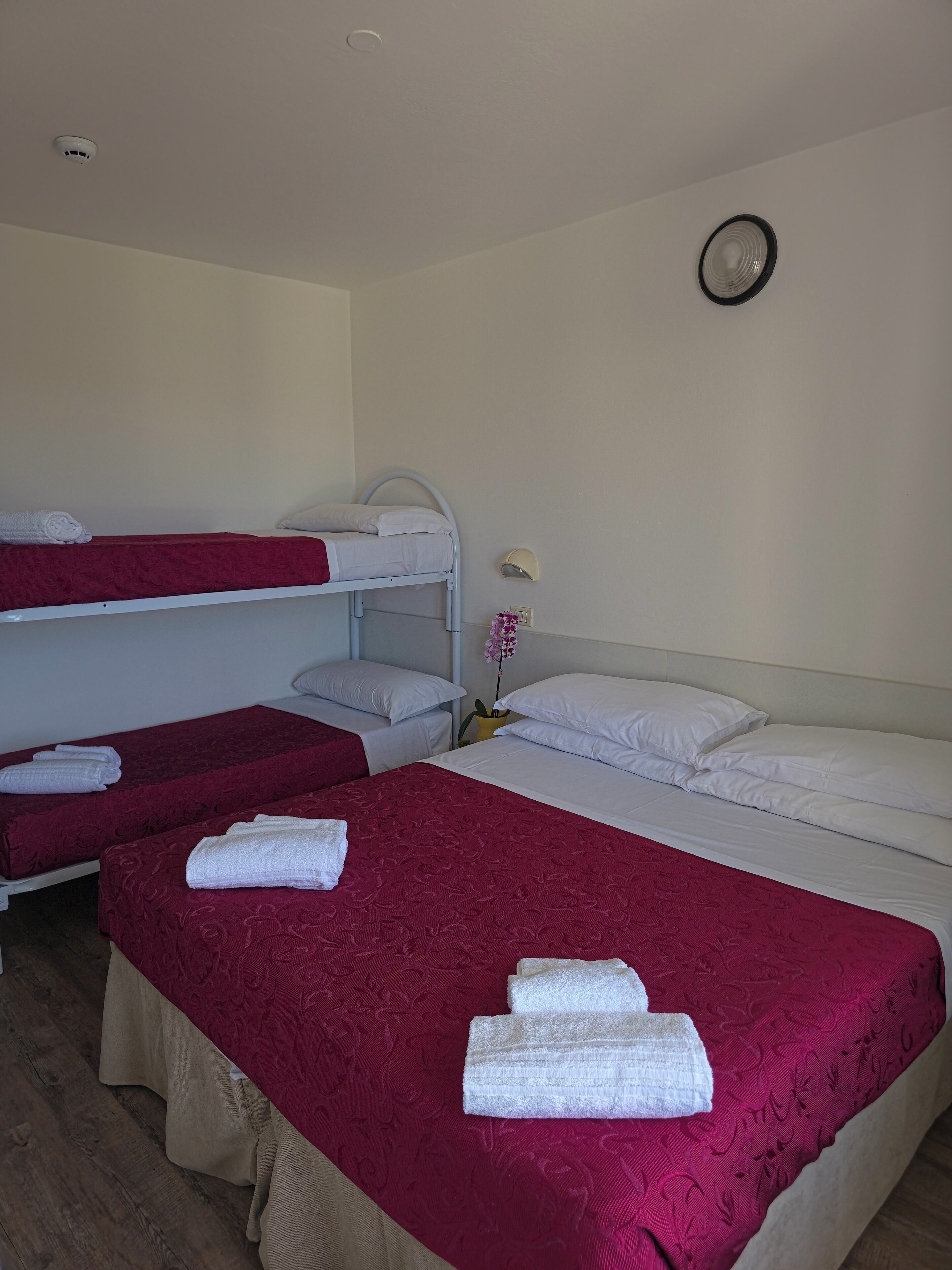 Een hotelkamer met twee bedden, elk voorzien van een rode sprei en witte kussens, en een kleine tafel met een bloemenvaas.