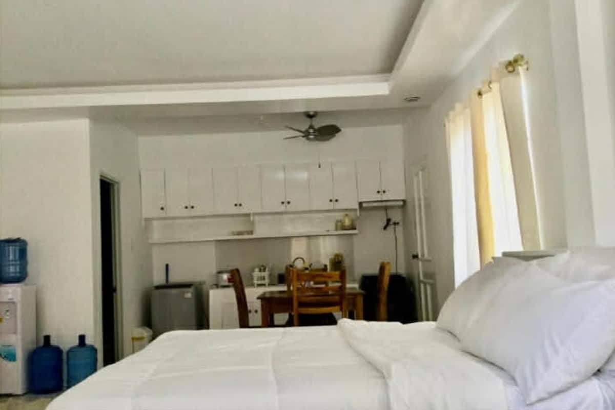 A hotel room with a bed, a desk, and a kitchenette.